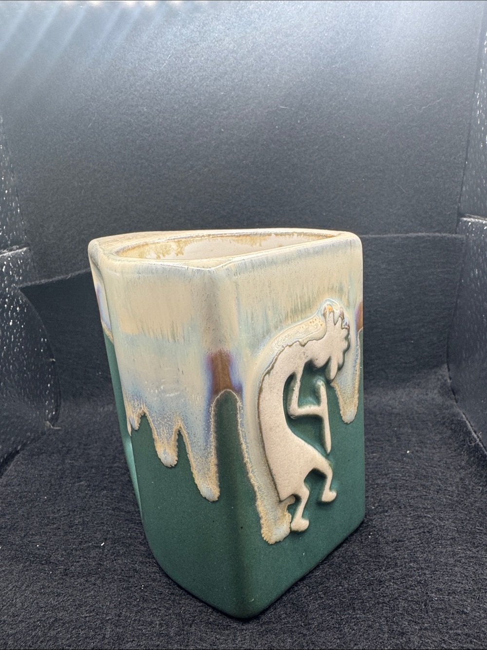Green Ceramic Mug with Kokopelli Relief - C&C Pottery
